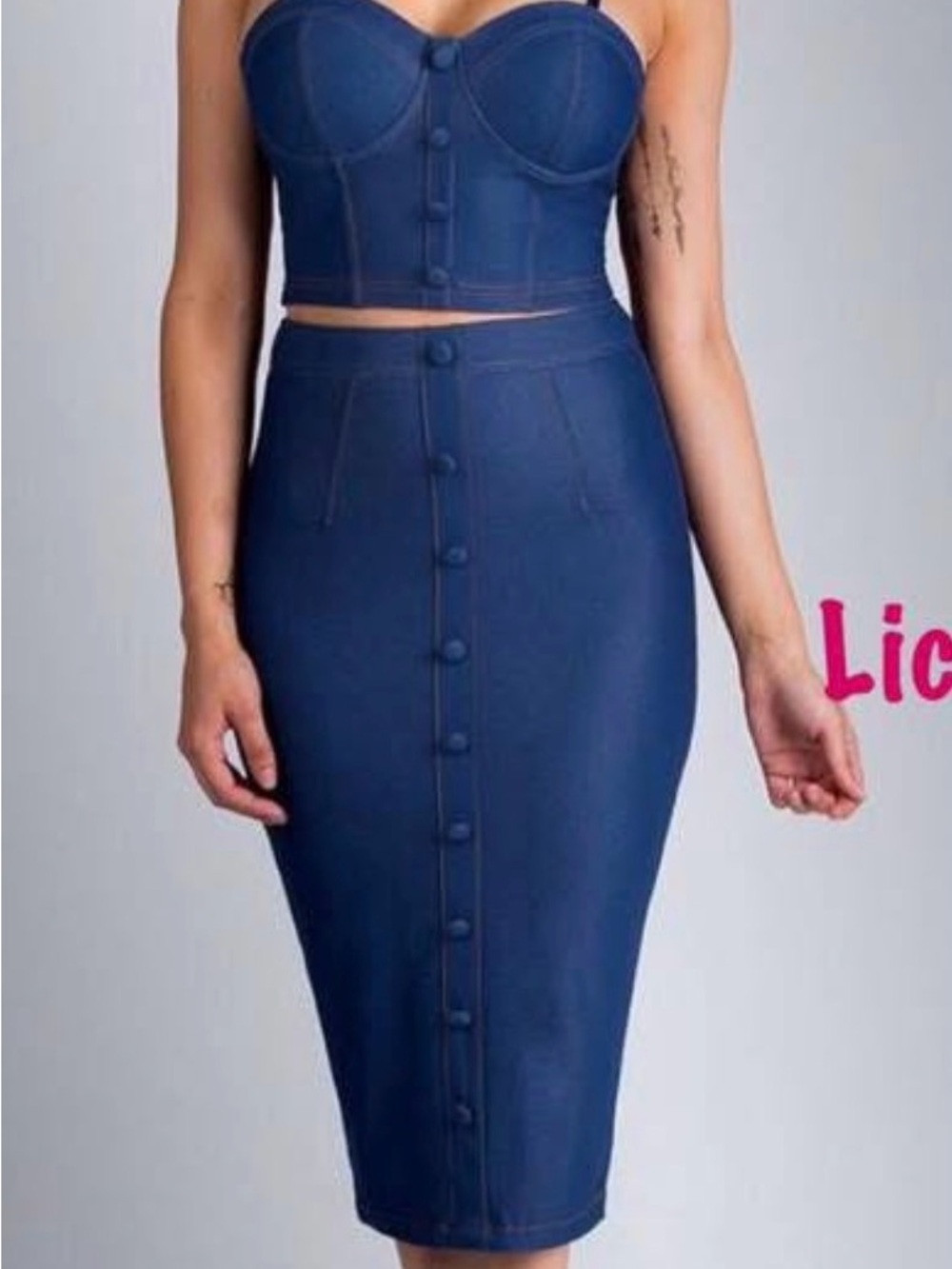 Entry Navy Button-Front High-Waist Pencil Skirt & Bustier Top
